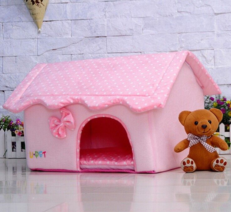 New Sweet Bow Pet Dog Cat Sofa Bed House Kennel Fold House Pink/Blue
